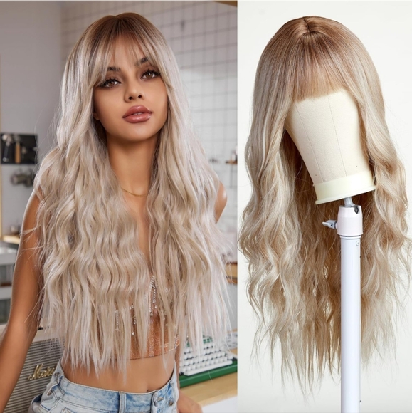 Long Wavy Ombre Brown to Blonde Wig with Fringe Natuaral Synthetic Hair 26 inche - Picture 1 of 5